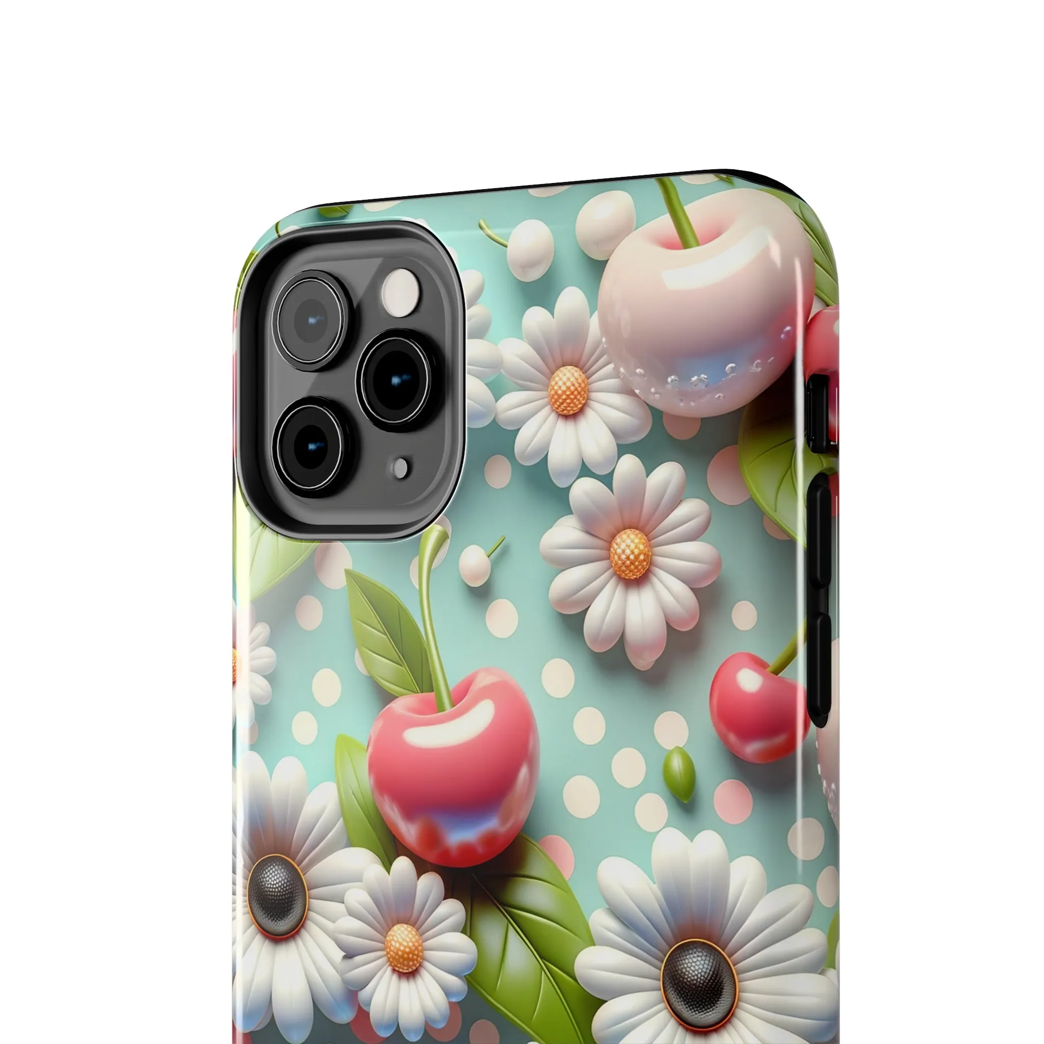 Cute Cherries and Flowers Digital print Design Tough Phone Case compatible with a large variety of iPhone models, Gift, Phone Case