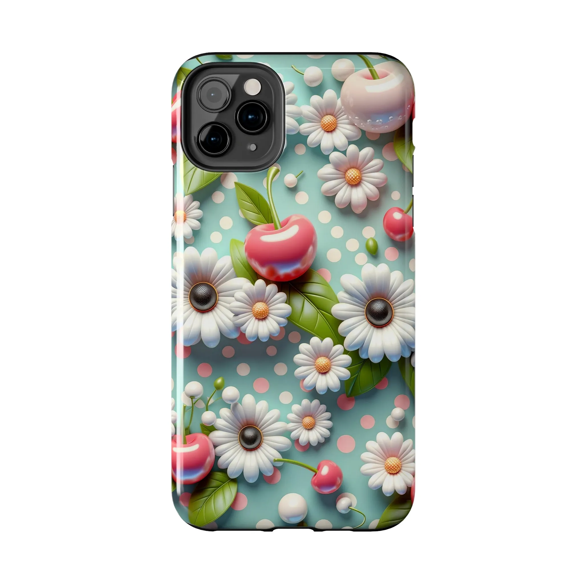 Cute Cherries and Flowers Digital print Design Tough Phone Case compatible with a large variety of iPhone models, Gift, Phone Case