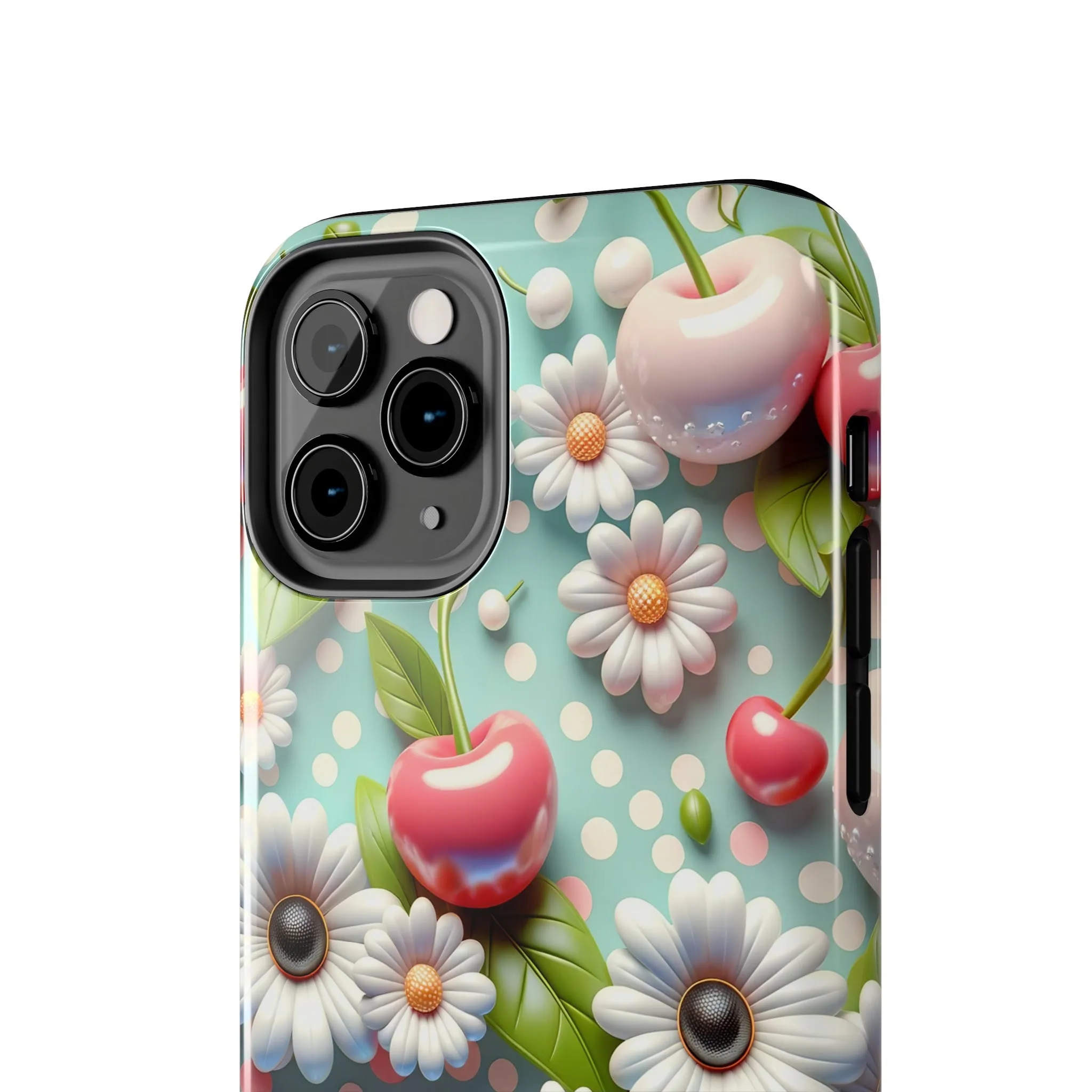 Cute Cherries and Flowers Digital print Design Tough Phone Case compatible with a large variety of iPhone models, Gift, Phone Case