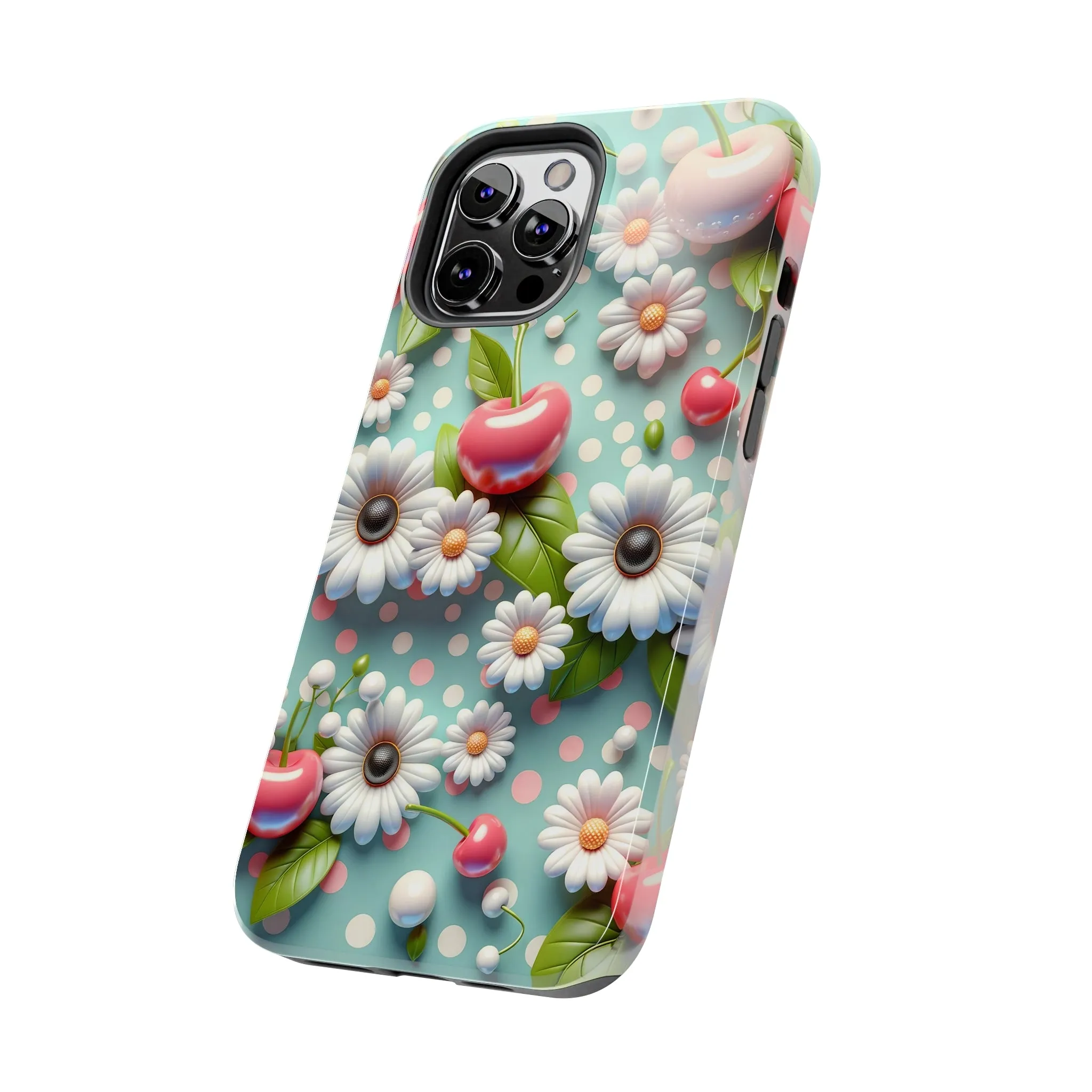 Cute Cherries and Flowers Digital print Design Tough Phone Case compatible with a large variety of iPhone models, Gift, Phone Case