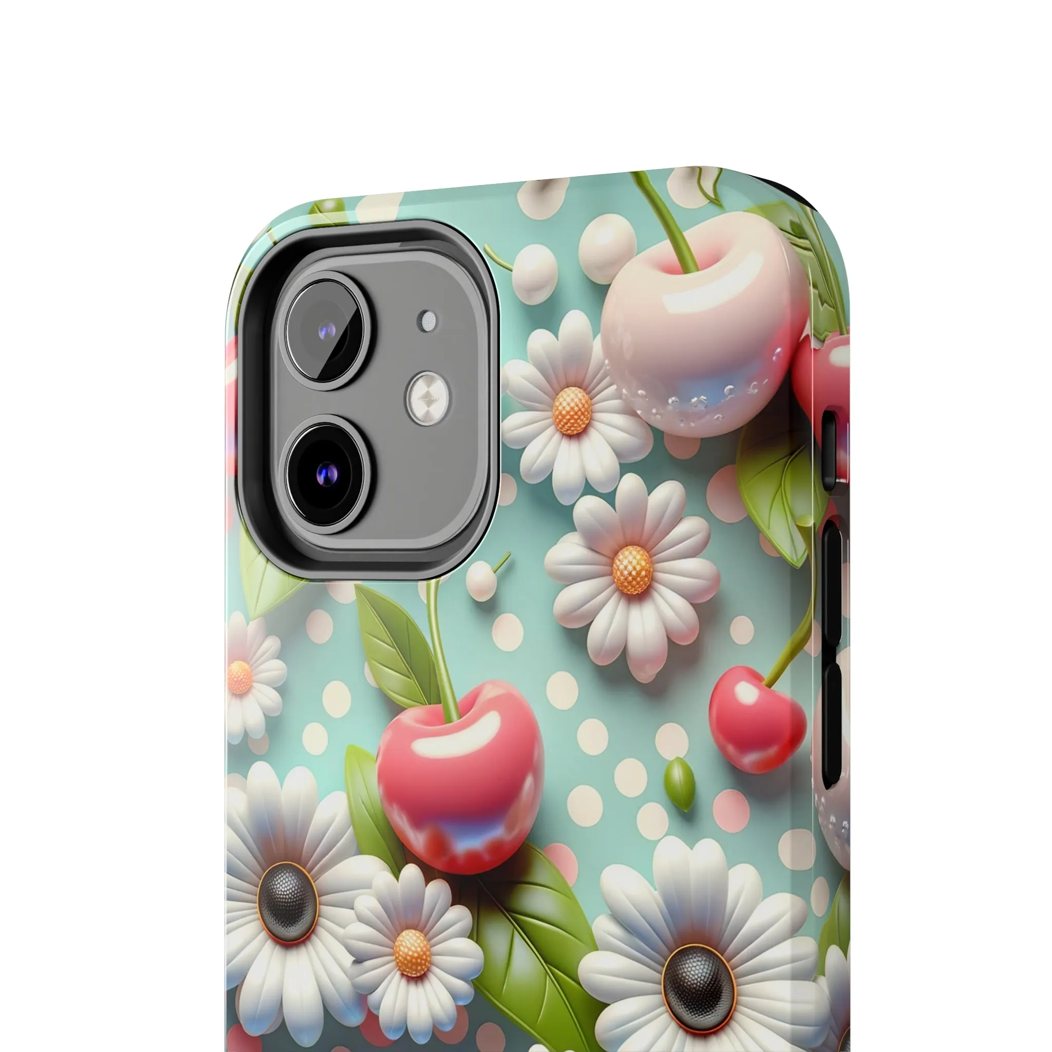 Cute Cherries and Flowers Digital print Design Tough Phone Case compatible with a large variety of iPhone models, Gift, Phone Case