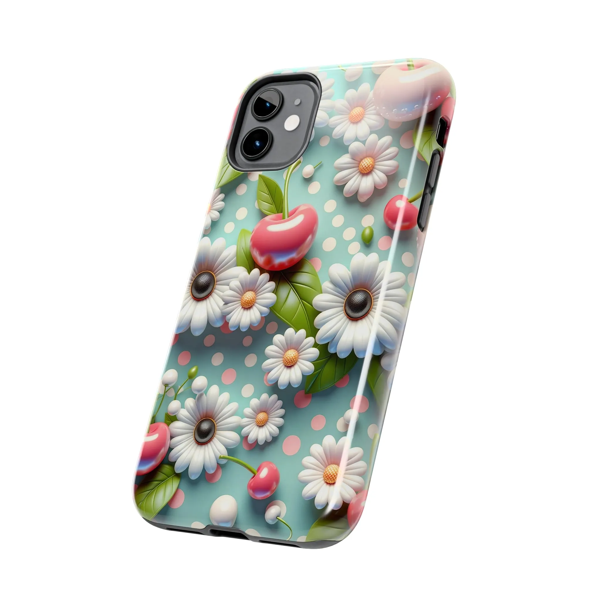 Cute Cherries and Flowers Digital print Design Tough Phone Case compatible with a large variety of iPhone models, Gift, Phone Case