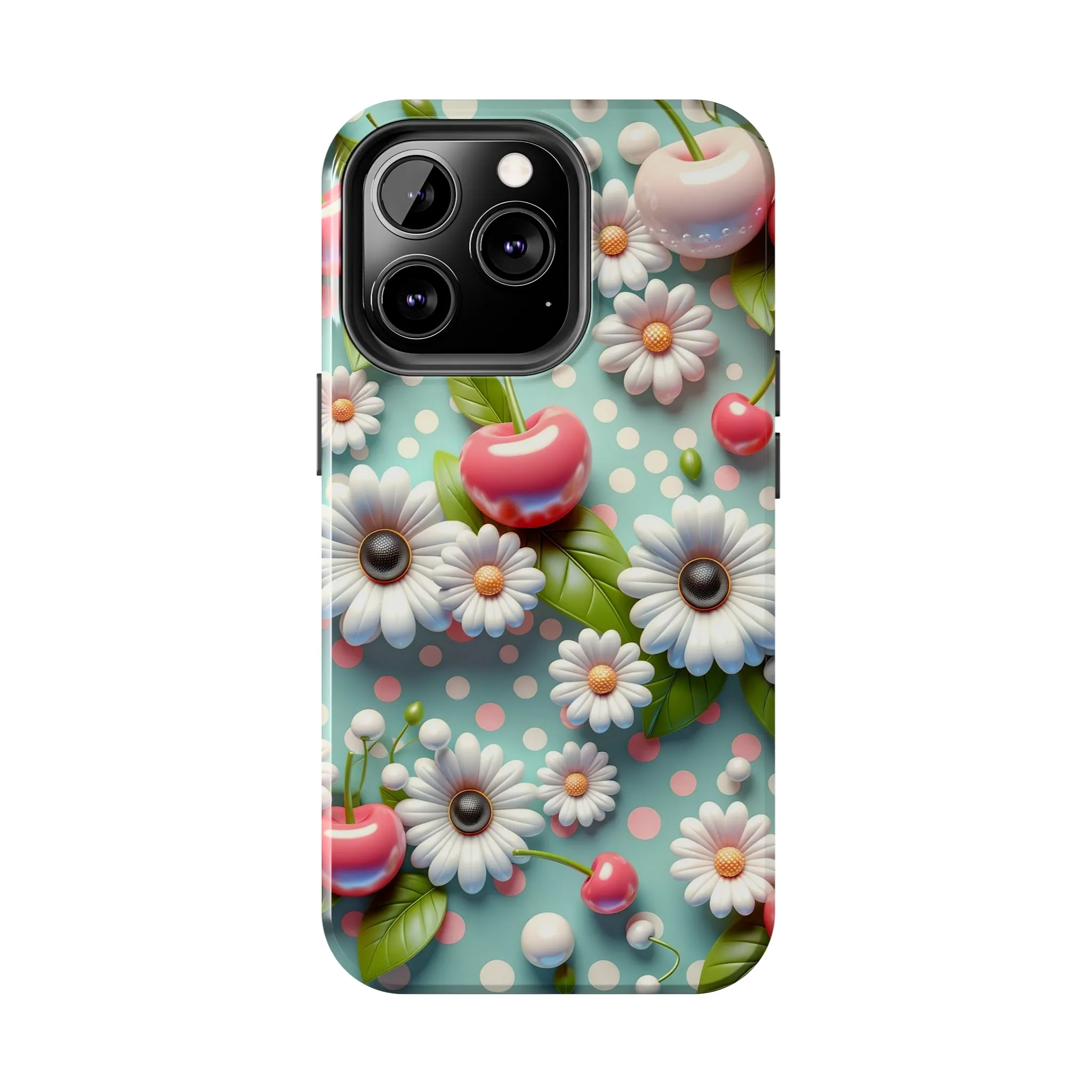 Cute Cherries and Flowers Digital print Design Tough Phone Case compatible with a large variety of iPhone models, Gift, Phone Case