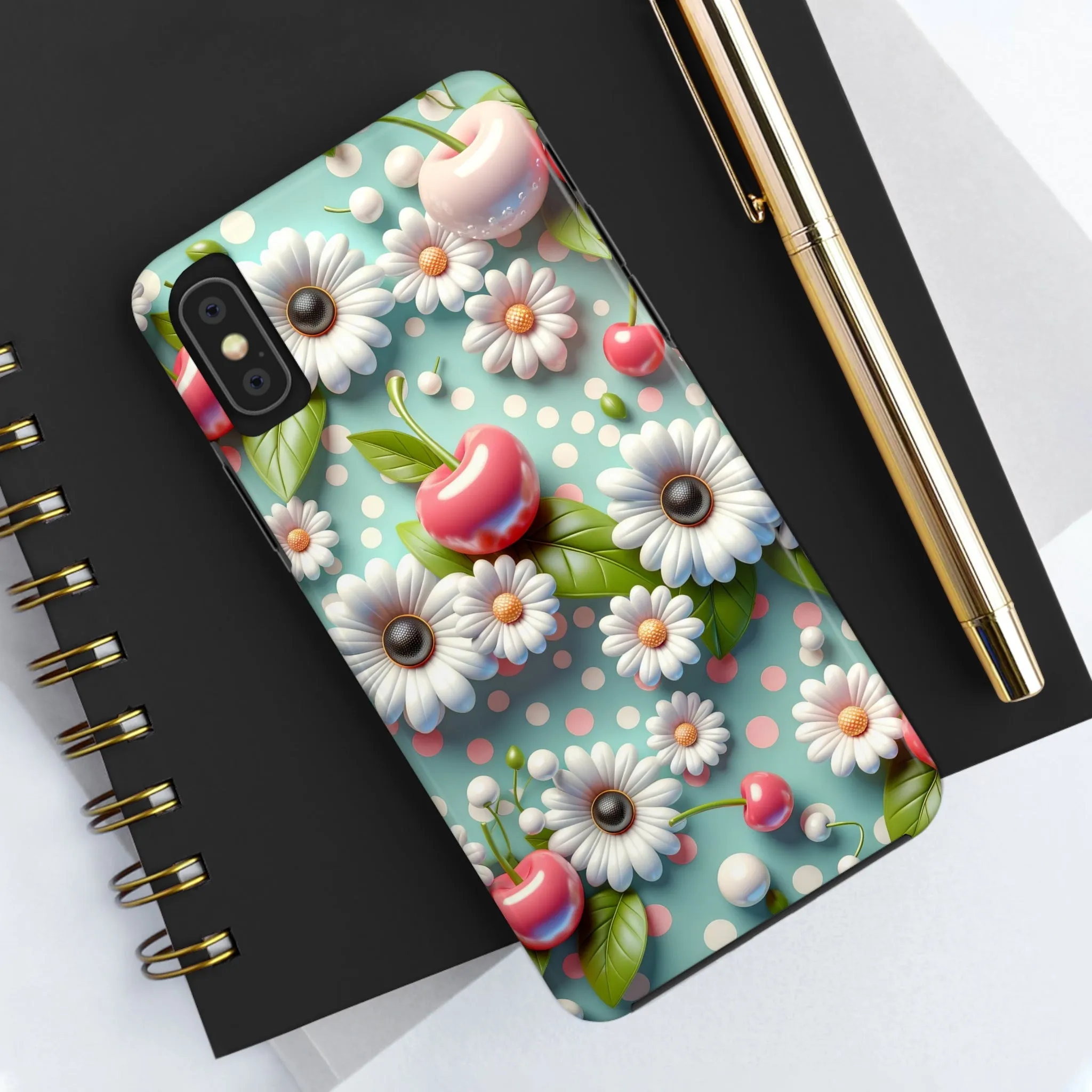 Cute Cherries and Flowers Digital print Design Tough Phone Case compatible with a large variety of iPhone models, Gift, Phone Case