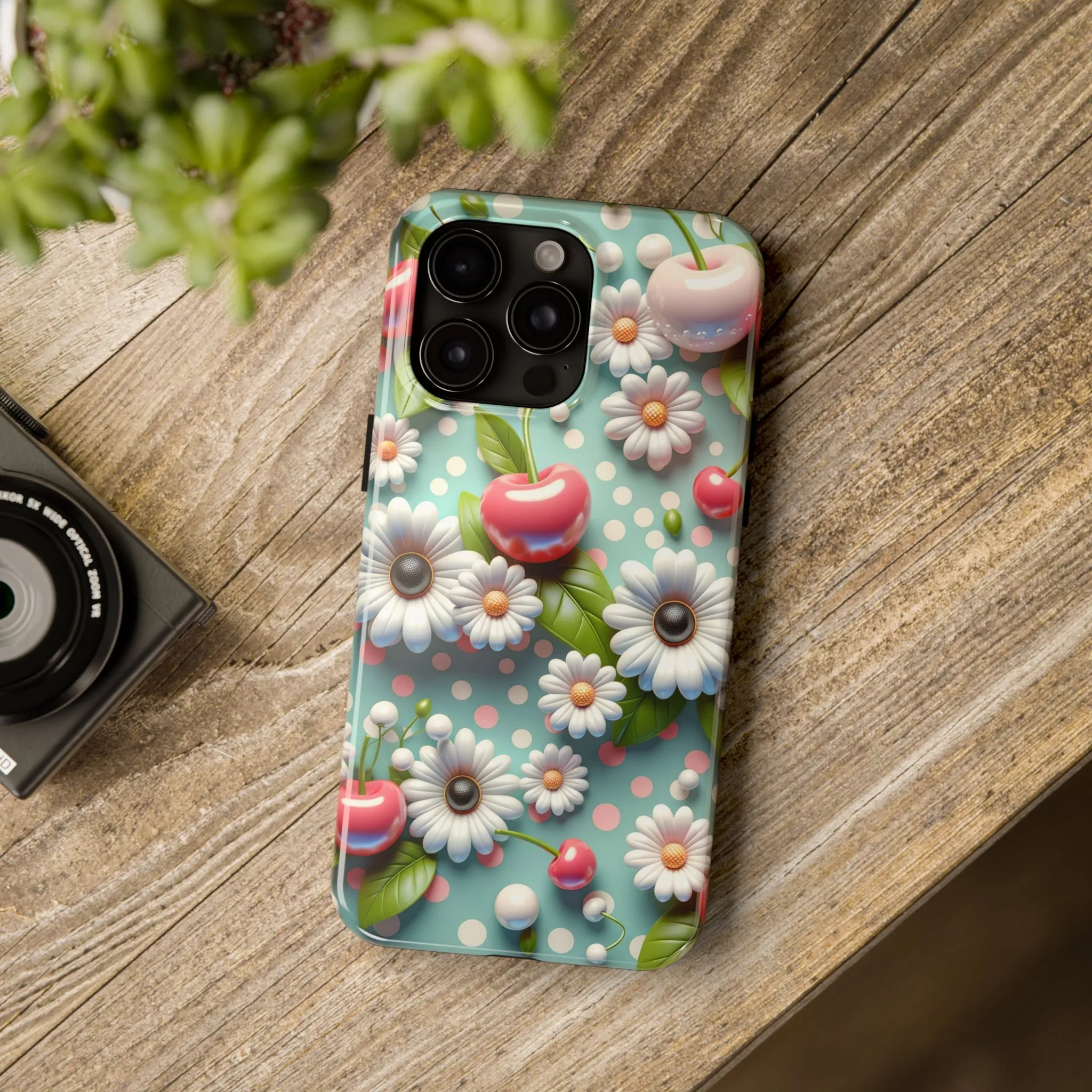 Cute Cherries and Flowers Digital print Design Tough Phone Case compatible with a large variety of iPhone models, Gift, Phone Case