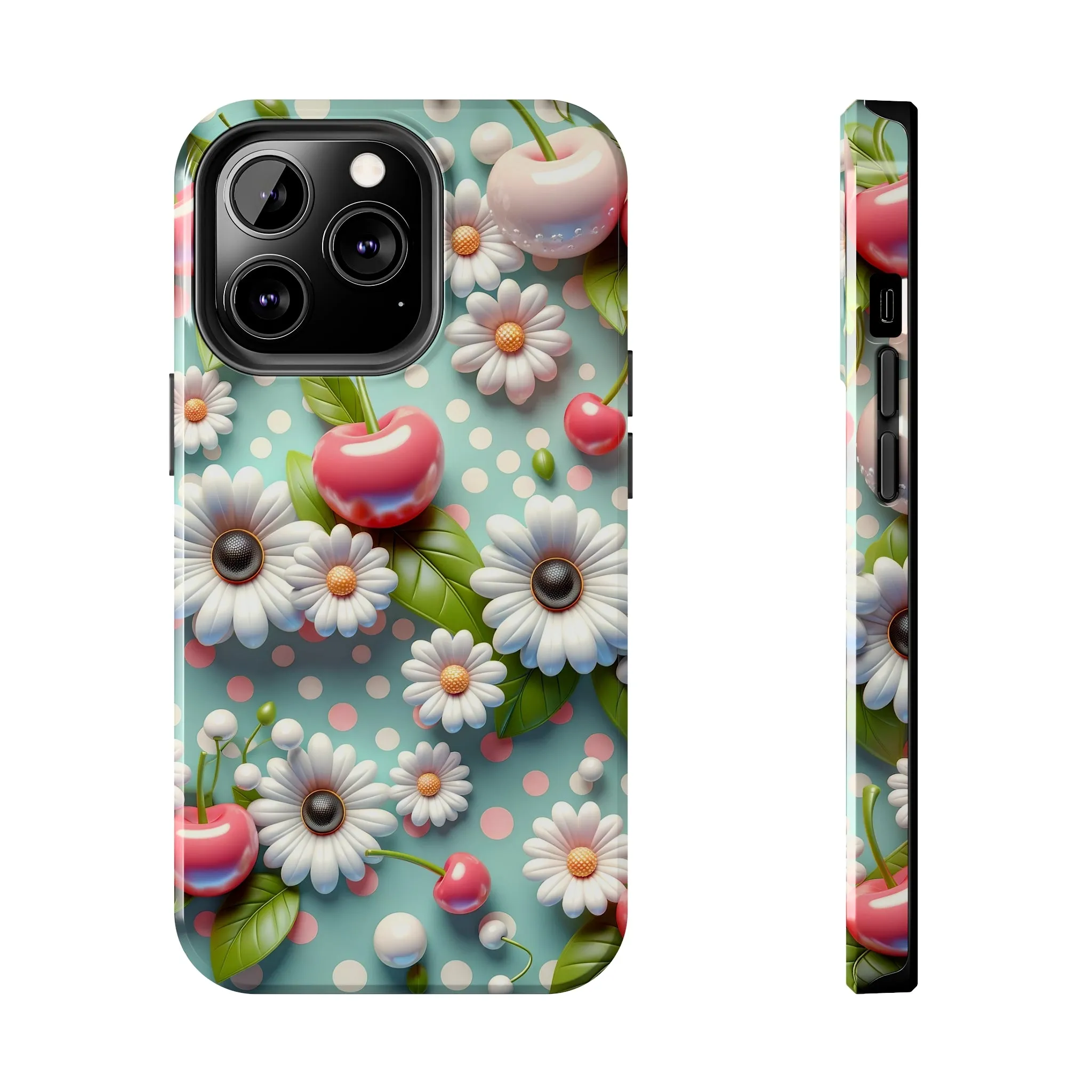 Cute Cherries and Flowers Digital print Design Tough Phone Case compatible with a large variety of iPhone models, Gift, Phone Case