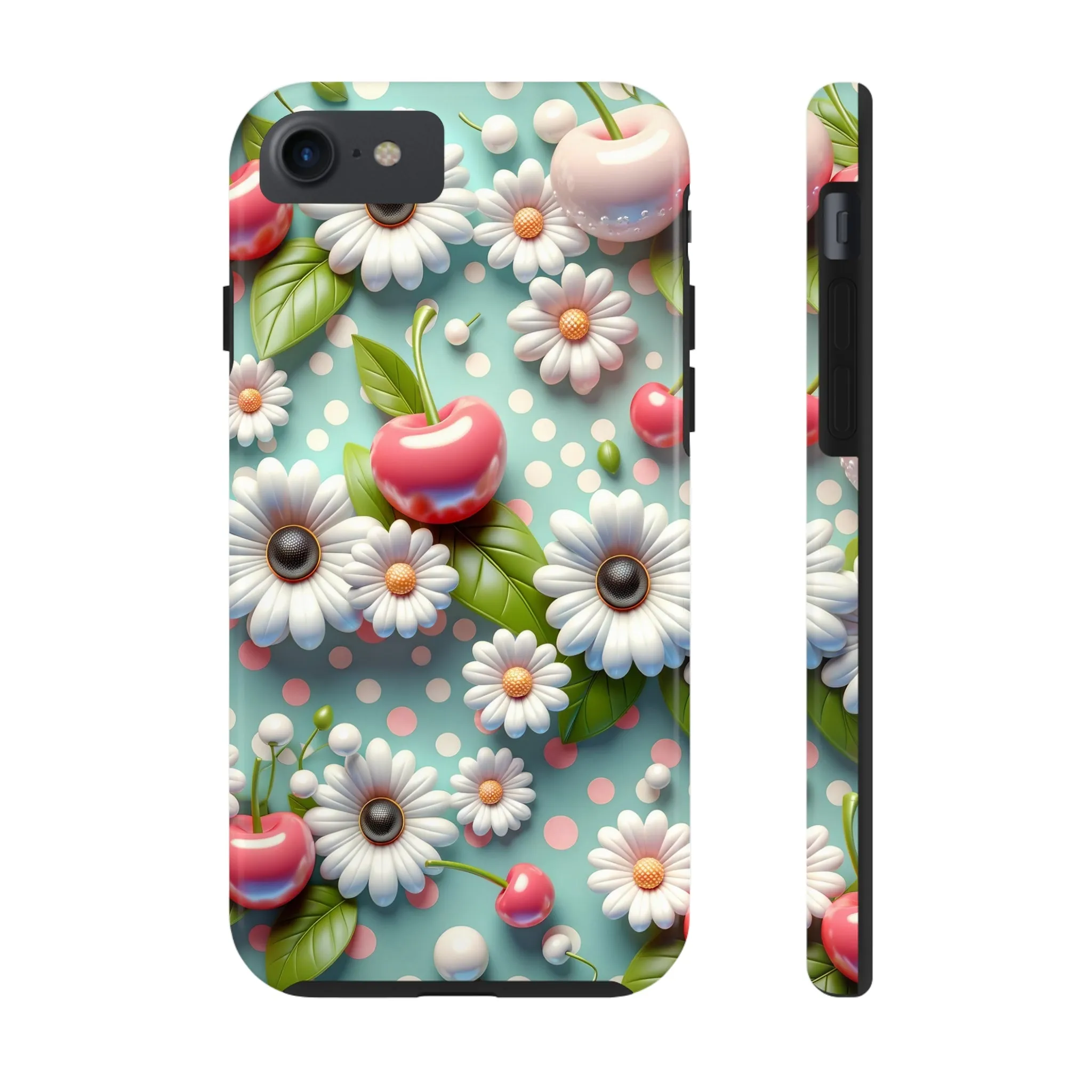 Cute Cherries and Flowers Digital print Design Tough Phone Case compatible with a large variety of iPhone models, Gift, Phone Case