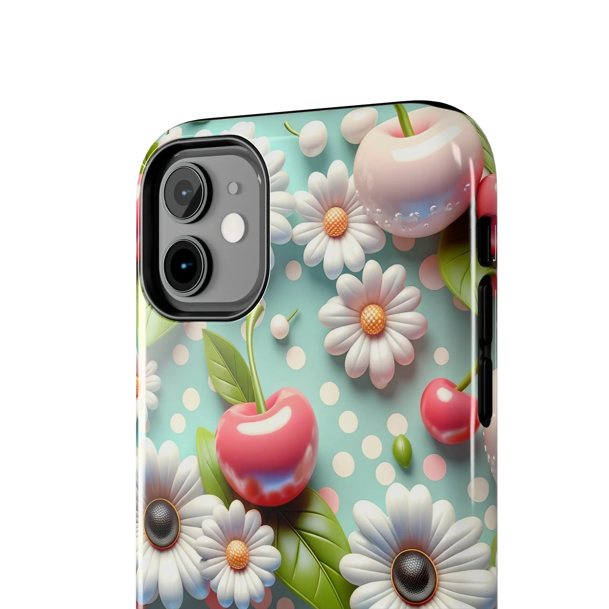 Cute Cherries and Flowers Digital print Design Tough Phone Case compatible with a large variety of iPhone models, Gift, Phone Case