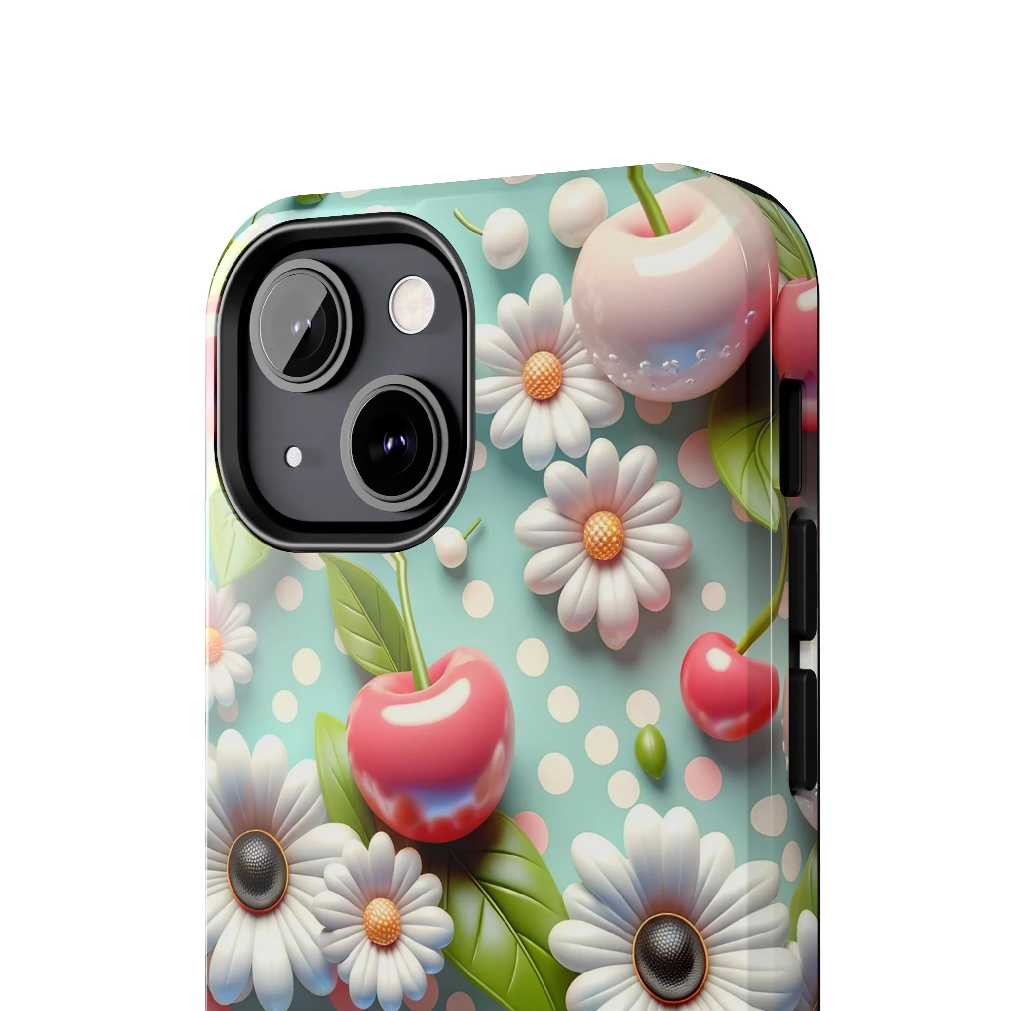 Cute Cherries and Flowers Digital print Design Tough Phone Case compatible with a large variety of iPhone models, Gift, Phone Case