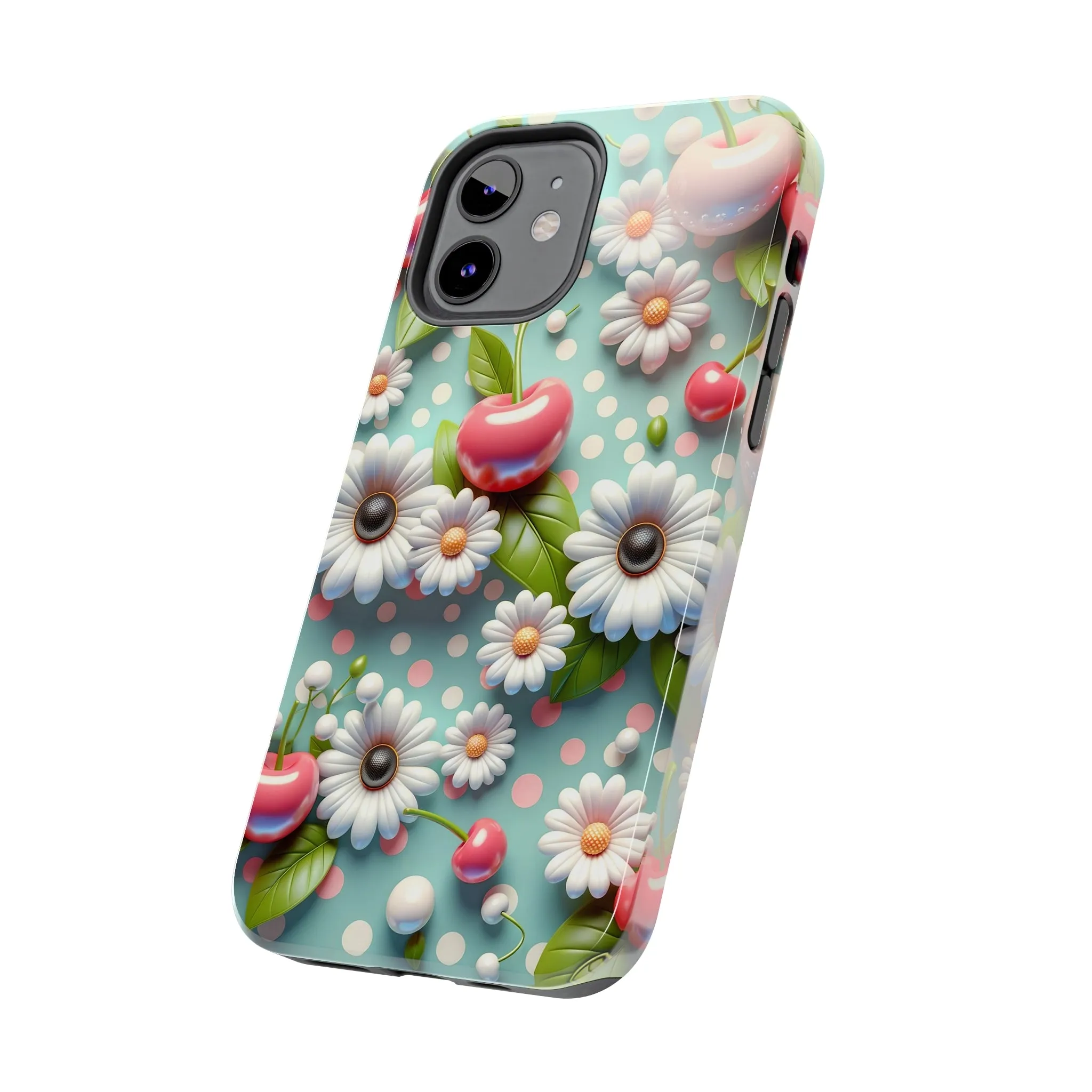 Cute Cherries and Flowers Digital print Design Tough Phone Case compatible with a large variety of iPhone models, Gift, Phone Case