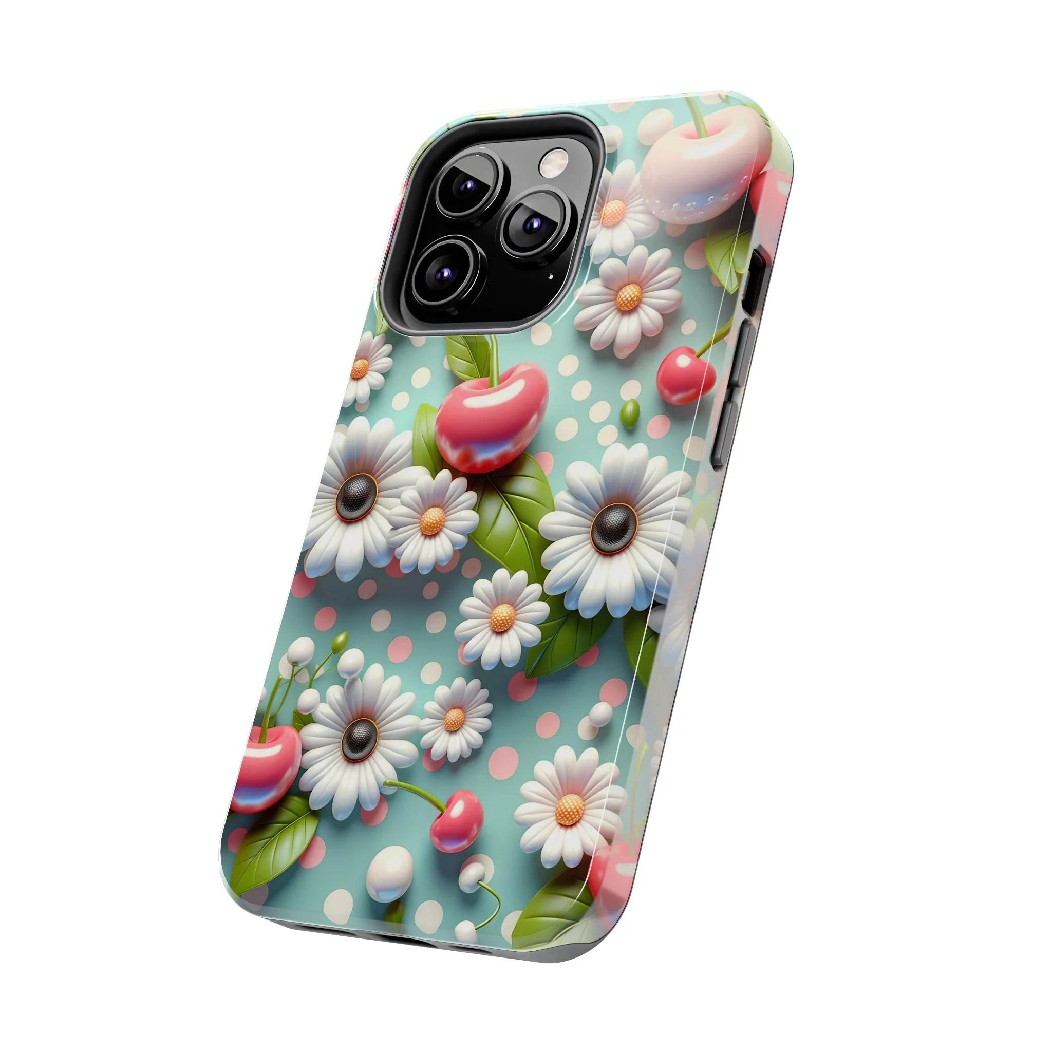 Cute Cherries and Flowers Digital print Design Tough Phone Case compatible with a large variety of iPhone models, Gift, Phone Case