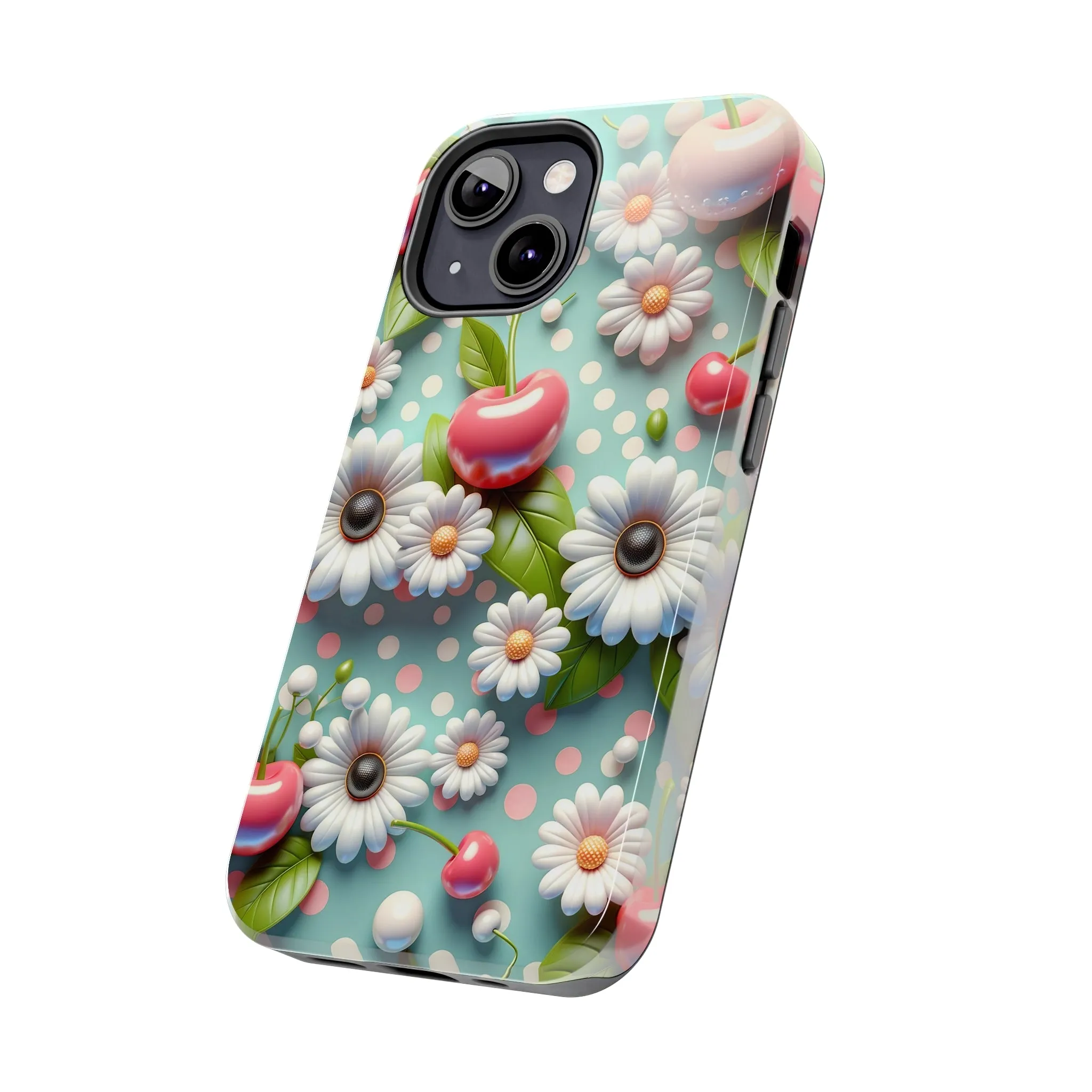 Cute Cherries and Flowers Digital print Design Tough Phone Case compatible with a large variety of iPhone models, Gift, Phone Case