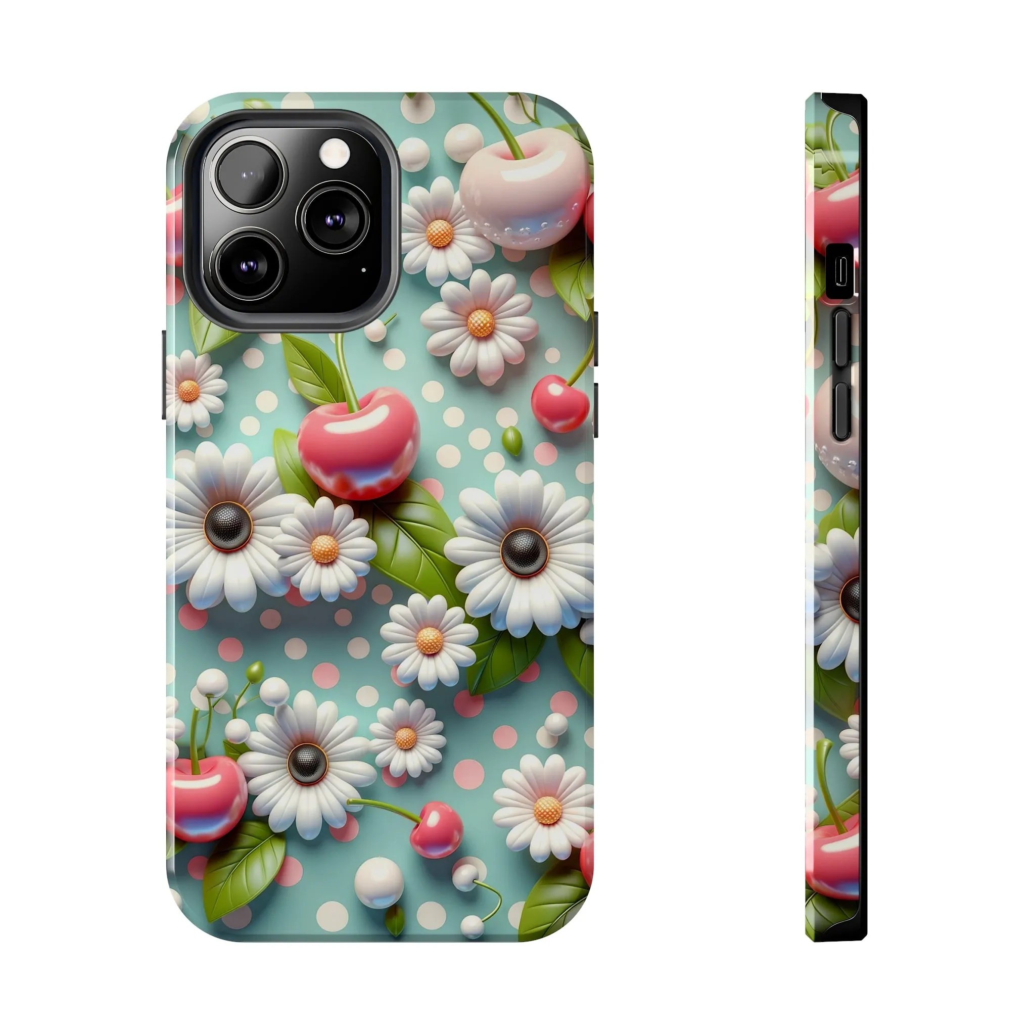 Cute Cherries and Flowers Digital print Design Tough Phone Case compatible with a large variety of iPhone models, Gift, Phone Case