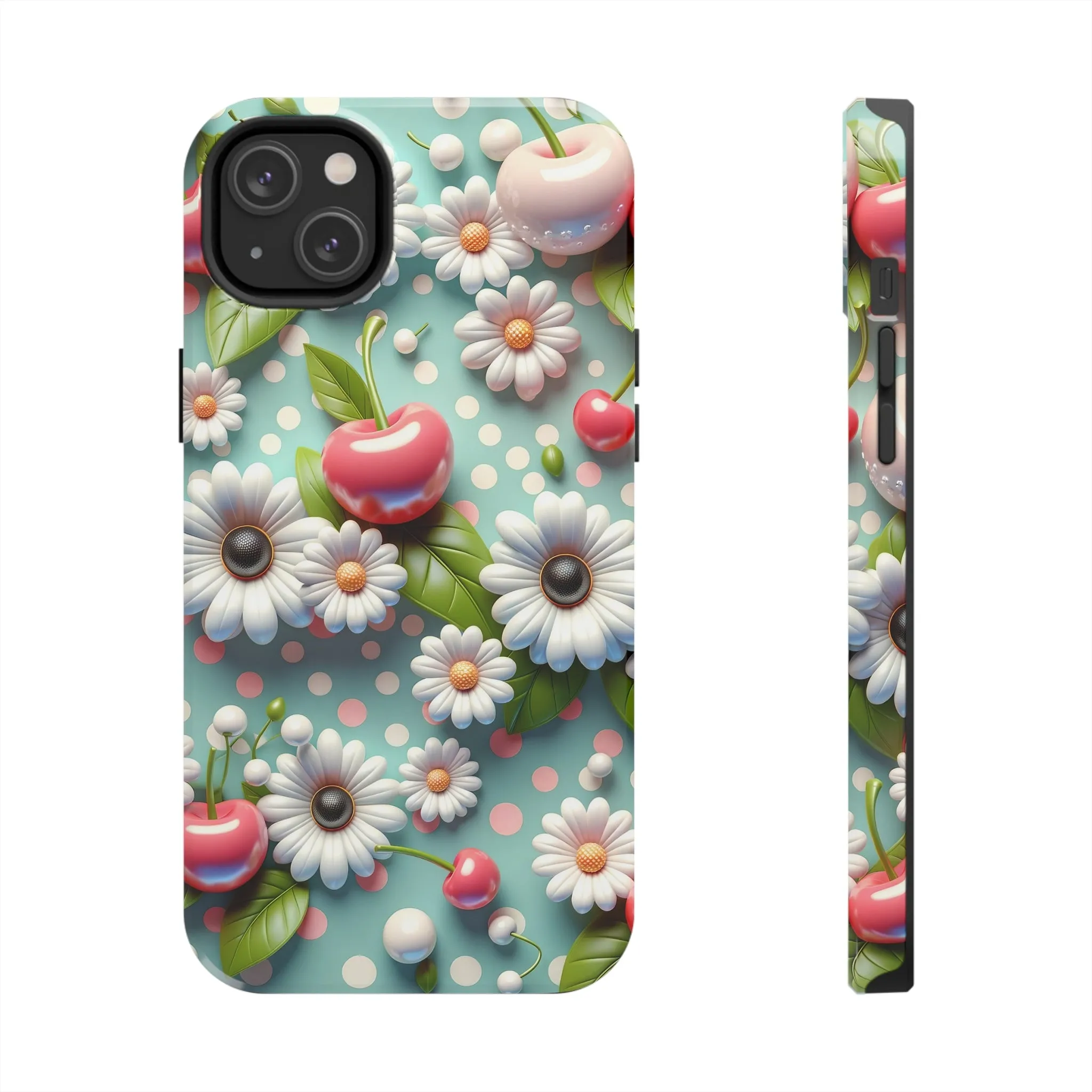 Cute Cherries and Flowers Digital print Design Tough Phone Case compatible with a large variety of iPhone models, Gift, Phone Case