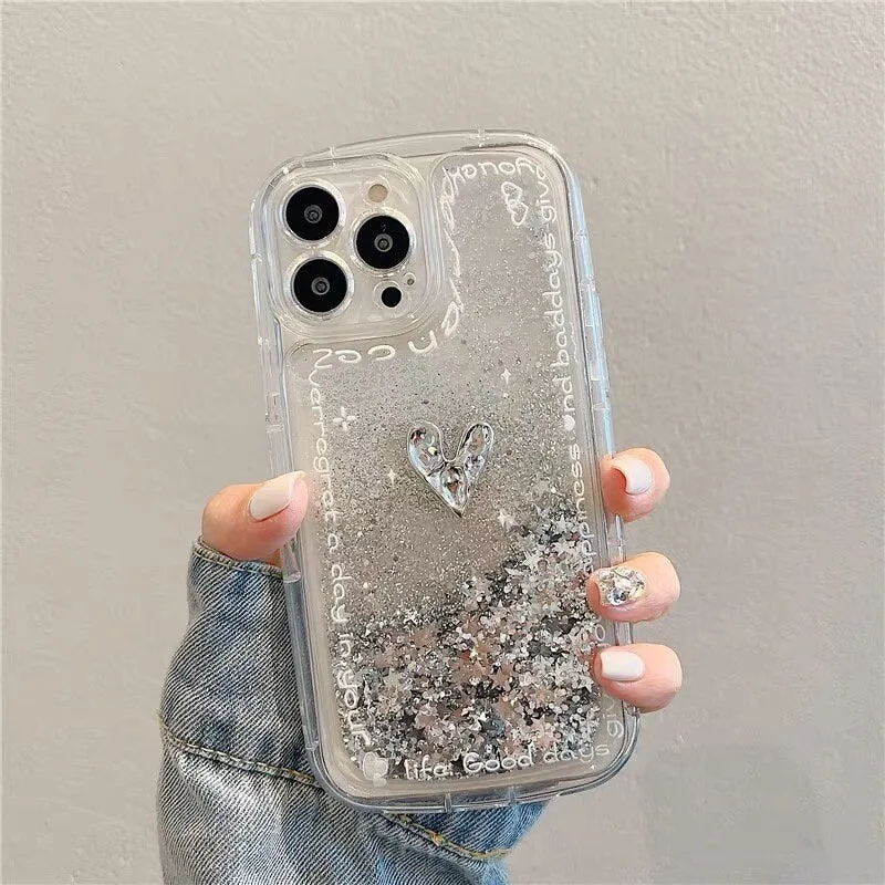 Cute Thick Clear Liquid with Silver Glitter Design   Bead Strap Protective Shockproof Phone Case for iPhone 11 12 13 14 15 Pro Max Case