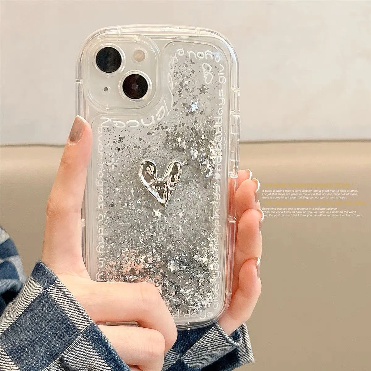 Cute Thick Clear Liquid with Silver Glitter Design   Bead Strap Protective Shockproof Phone Case for iPhone 11 12 13 14 15 Pro Max Case