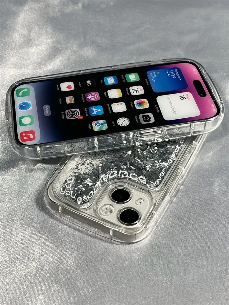 Cute Thick Clear Liquid with Silver Glitter Design   Bead Strap Protective Shockproof Phone Case for iPhone 11 12 13 14 15 Pro Max Case