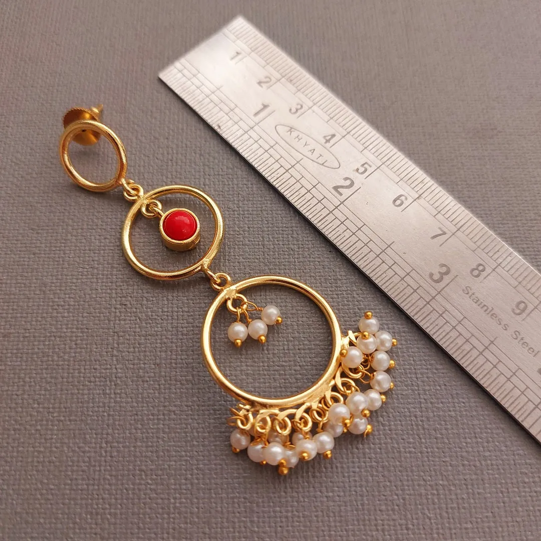 Dangler Earrings :  Pearl and Coral Stone Golden Cascade