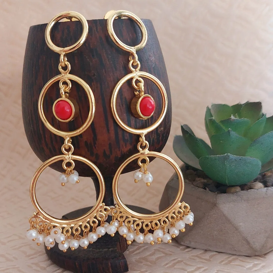 Dangler Earrings :  Pearl and Coral Stone Golden Cascade