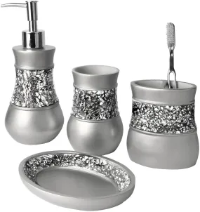 DecorX Gray Bathroom Accessories Set - 4 Piece Bathroom Decor Set for Home, Bath Restroom Set Features Soap Dispenser, Toothbrush Holder, Tumbler, Soap Dish - Bling Silver Mosaic Glass