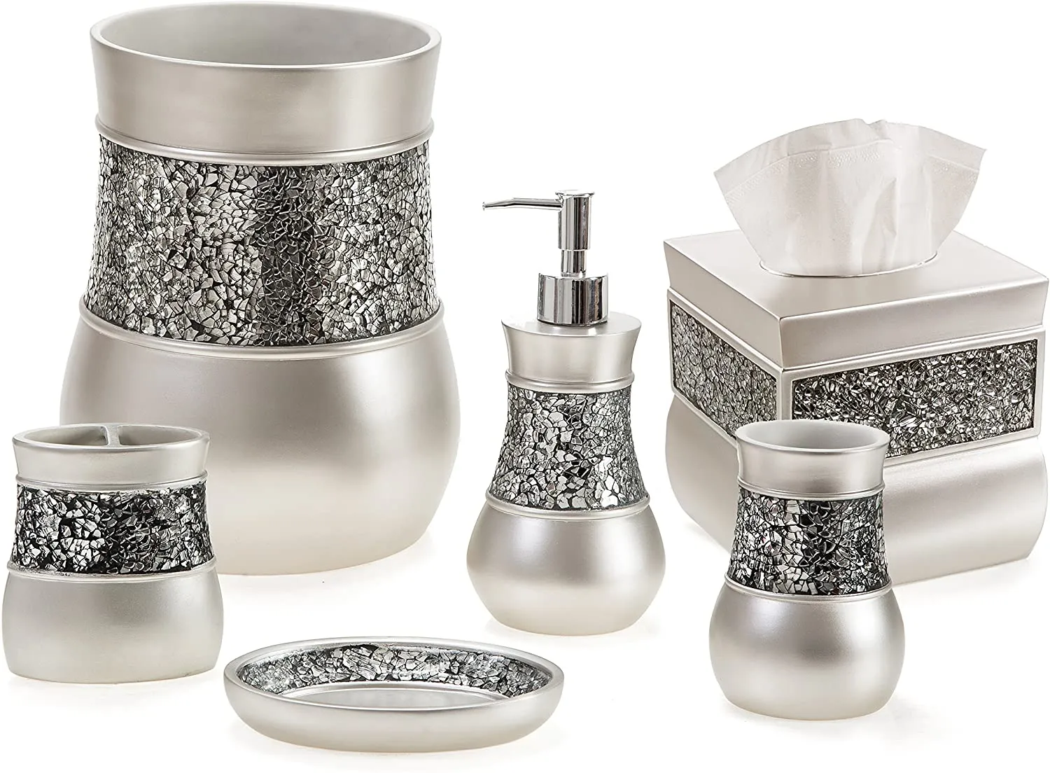 DecorX Gray Bathroom Accessories Set - 4 Piece Bathroom Decor Set for Home, Bath Restroom Set Features Soap Dispenser, Toothbrush Holder, Tumbler, Soap Dish - Bling Silver Mosaic Glass