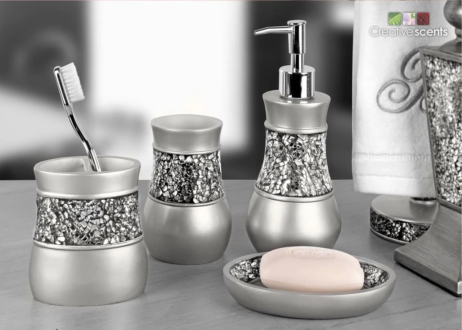 DecorX Gray Bathroom Accessories Set - 4 Piece Bathroom Decor Set for Home, Bath Restroom Set Features Soap Dispenser, Toothbrush Holder, Tumbler, Soap Dish - Bling Silver Mosaic Glass