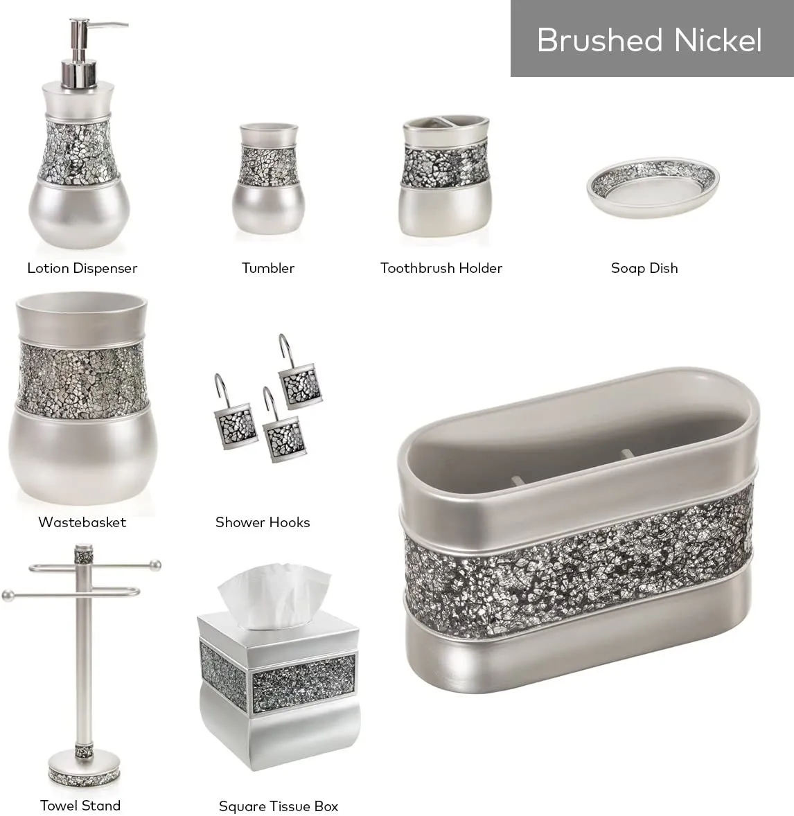 DecorX Gray Bathroom Accessories Set - 4 Piece Bathroom Decor Set for Home, Bath Restroom Set Features Soap Dispenser, Toothbrush Holder, Tumbler, Soap Dish - Bling Silver Mosaic Glass