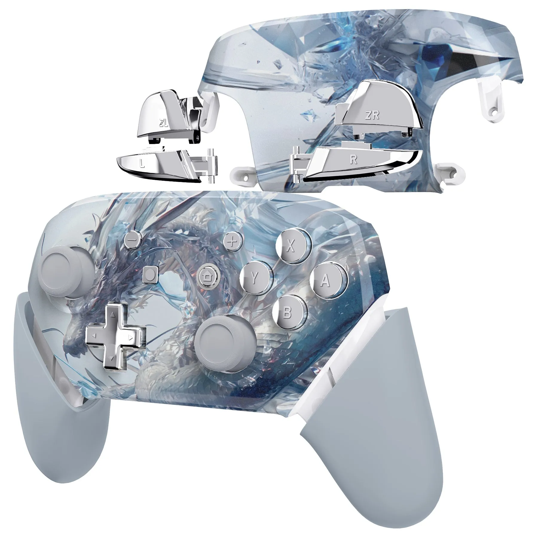 eXtremeRate Crystal Dragon Faceplate Backplate Handles for NS Switch Pro Controller - FRT110