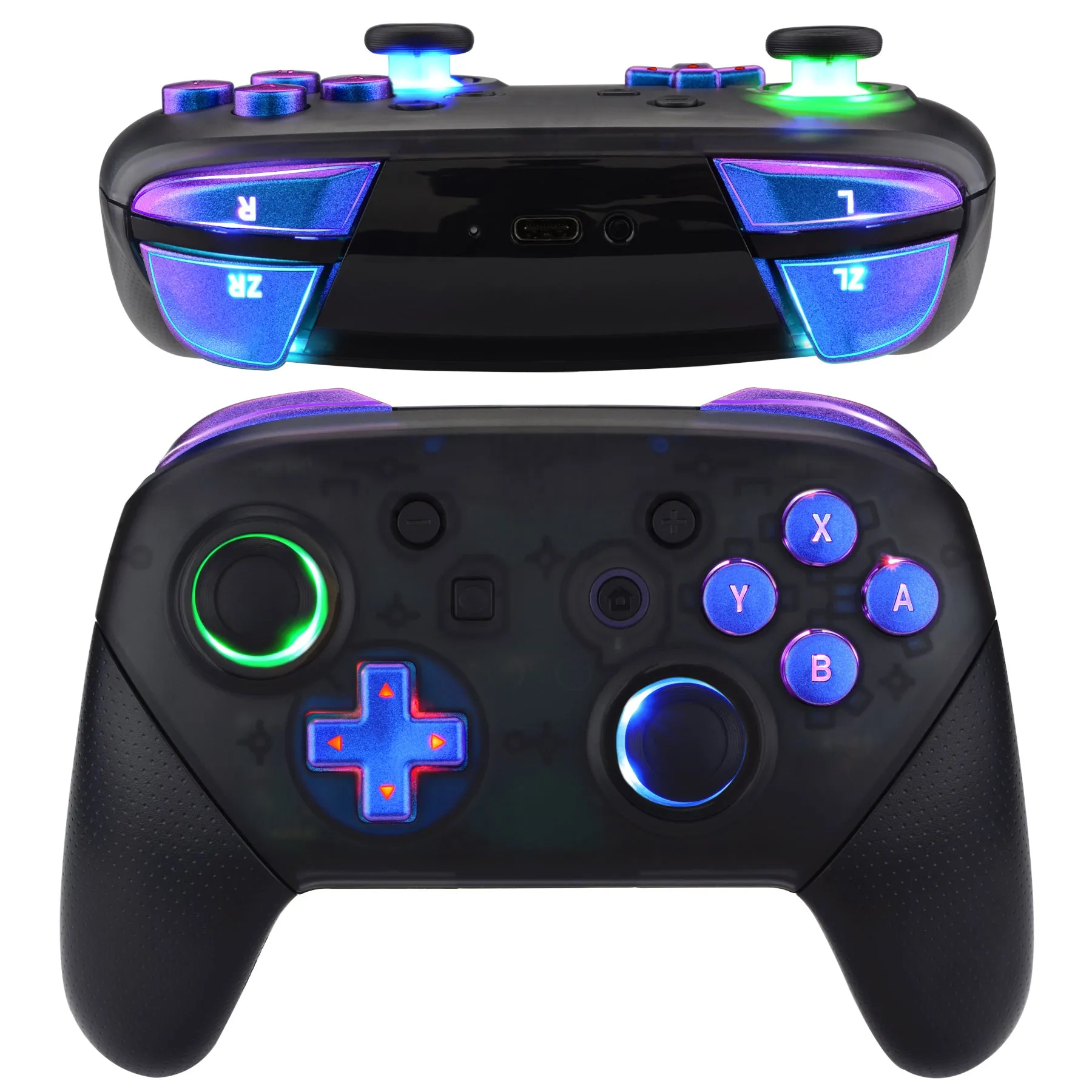 eXtremeRate Multi-Colors Luminated Thumbsticks D-pad ABXY ZR ZL L R Chameleon Purple Blue Classic Symbol Buttons DTFS LED Kit for NS Switch Pro Controller - 9 Colors Modes 6 Areas DIY Option Button Control - NSLED020