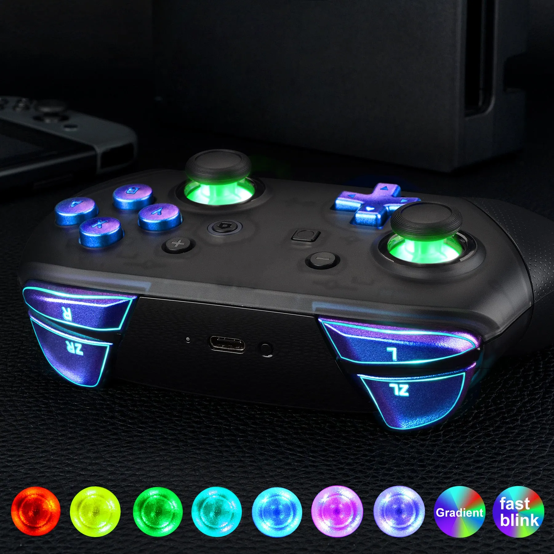 eXtremeRate Multi-Colors Luminated Thumbsticks D-pad ABXY ZR ZL L R Chameleon Purple Blue Classic Symbol Buttons DTFS LED Kit for NS Switch Pro Controller - 9 Colors Modes 6 Areas DIY Option Button Control - NSLED020