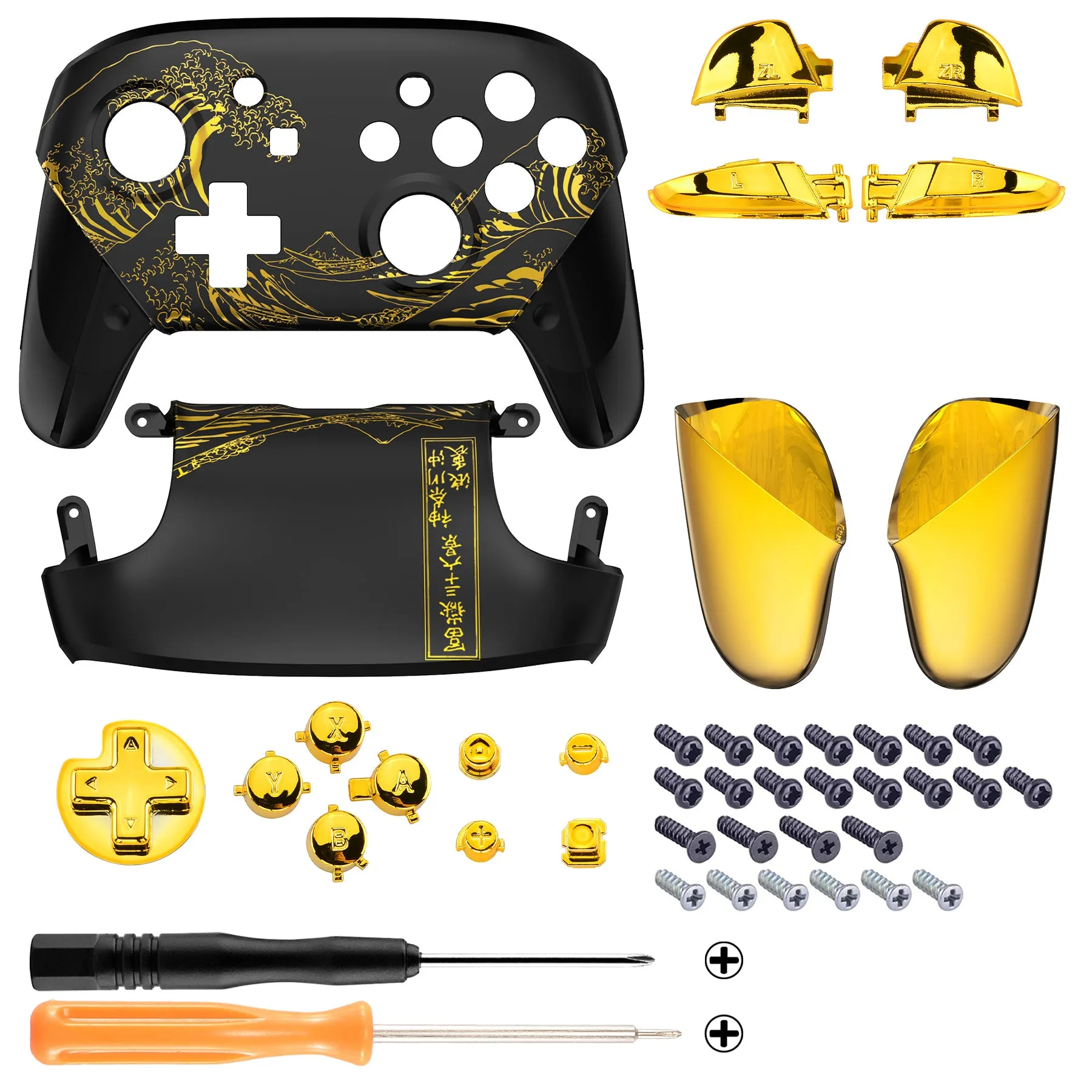 eXtremeRate The Great GOLDEN Wave Off Kanagawa - Black Faceplate Backplate Handles for NS Switch Pro Controller - FRT109