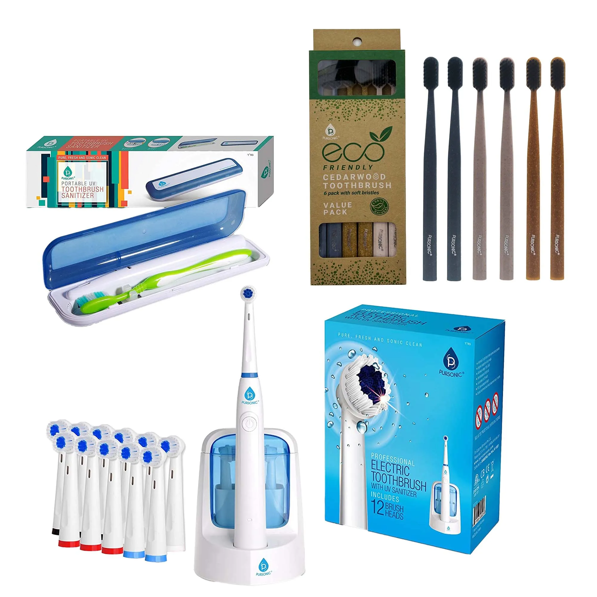 Family Dental Care Bundle: Pursonic RET200 Oscillating Electric Rechargeable Toothbrush, Eco-Friendly Cedarwood Toothbrushes (6 Pack), Portable UV Toothbrush Sanitizer