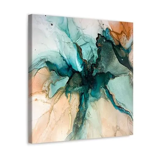 GADGETS WRAP Canvas Gallery Wrap Framed for Home Office Studio Living Room Decoration (10x10inch) - Green Orange And Gold Abstract Fluid #2