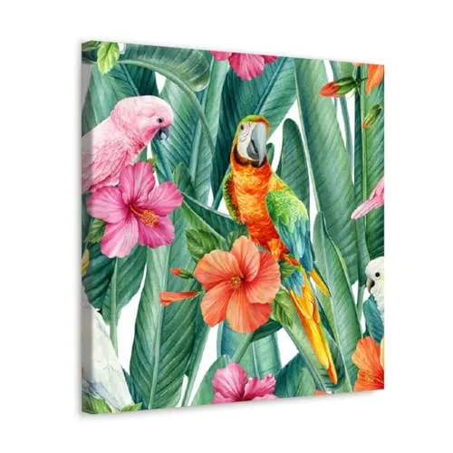 GADGETS WRAP Canvas Gallery Wrap Framed for Home Office Studio Living Room Decoration (10x10inch) - Hibiscus Leaves & Parrot