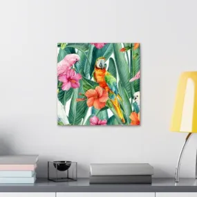 GADGETS WRAP Canvas Gallery Wrap Framed for Home Office Studio Living Room Decoration (10x10inch) - Hibiscus Leaves & Parrot