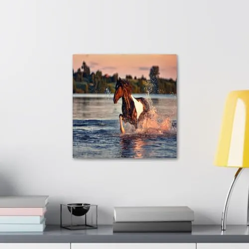 GADGETS WRAP Canvas Gallery Wrap Framed for Home Office Studio Living Room Decoration (10x10inch) - Horse Running On River