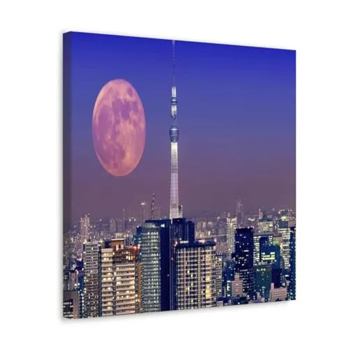 GADGETS WRAP Canvas Gallery Wrap Framed for Home Office Studio Living Room Decoration (10x10inch) - Moon Over Tokyo Japan