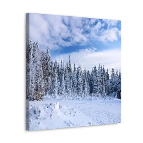 GADGETS WRAP Canvas Gallery Wrap Framed for Home Office Studio Living Room Decoration (10x10inch) - Snow Forest Trees & Field View