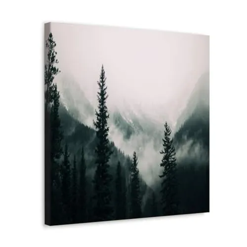 GADGETS WRAP Canvas Gallery Wrap Framed for Home Office Studio Living Room Decoration (10x10inch) - Tall Trees & Mountains With Fog