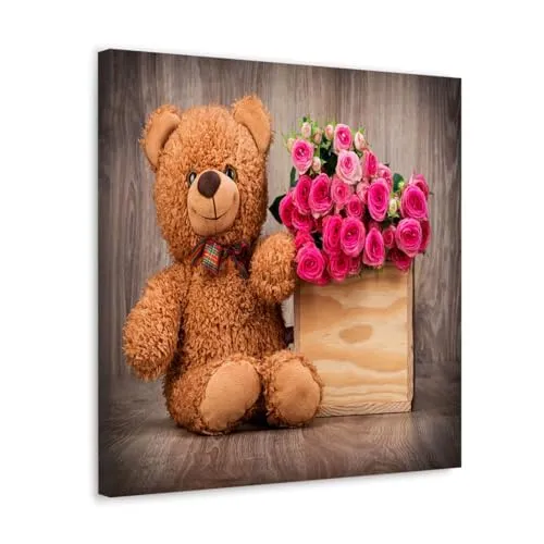 GADGETS WRAP Canvas Gallery Wrap Framed for Home Office Studio Living Room Decoration (10x10inch) - Teddy With Roses