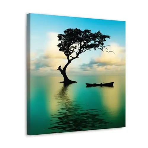 GADGETS WRAP Canvas Gallery Wrap Framed for Home Office Studio Living Room Decoration (10x10inch) - Tree & Boat On Lake Scenery #1