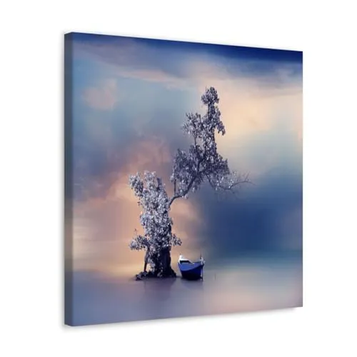 GADGETS WRAP Canvas Gallery Wrap Framed for Home Office Studio Living Room Decoration (10x10inch) - Tree & Boat On Lake Scenery