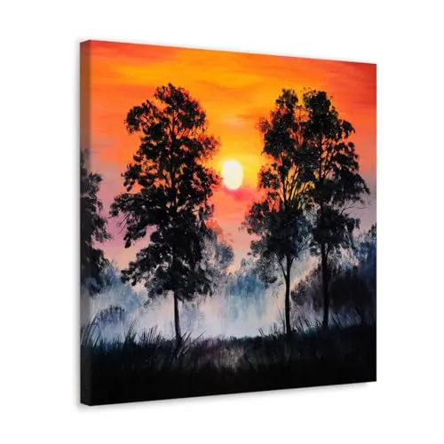 GADGETS WRAP Canvas Gallery Wrap Framed for Home Office Studio Living Room Decoration (10x10inch) - Trees & Sunset View Painting