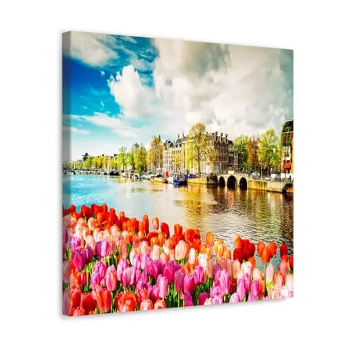 GADGETS WRAP Canvas Gallery Wrap Framed for Home Office Studio Living Room Decoration (10x10inch) - Tulip Flowers & City With Lake