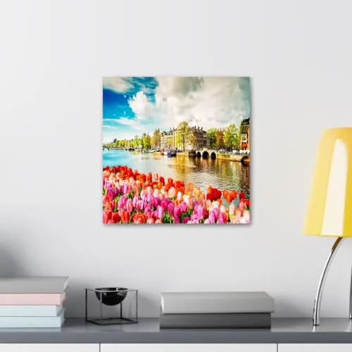 GADGETS WRAP Canvas Gallery Wrap Framed for Home Office Studio Living Room Decoration (10x10inch) - Tulip Flowers & City With Lake