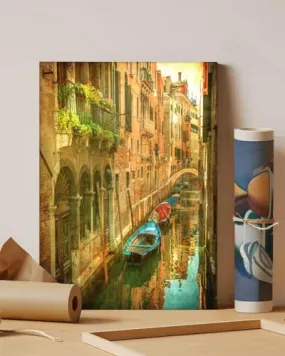 GADGETS WRAP Canvas Gallery Wrap Framed for Home Office Studio Living Room Decoration (11x14inch) - Canal & Boats Old