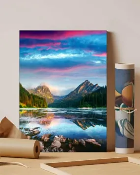 GADGETS WRAP Canvas Gallery Wrap Framed for Home Office Studio Living Room Decoration (11x14inch) - Dark Cloudy Sky Mountain Lake