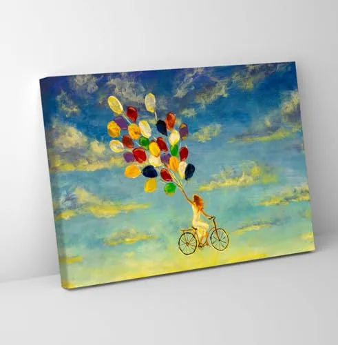 GADGETS WRAP Canvas Gallery Wrap Framed for Home Office Studio Living Room Decoration (11x9inch) - Girl Floating With A Bicycle & Balloons Oil Painting