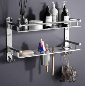 GLOXY 4 in 1 Multipurpose Stainless Steel Bathroom Shelf | Soap Holder with Toothbrush Holder | Towel Rack for Bathroom Accessories and Fittings (15 x 5 Inches)