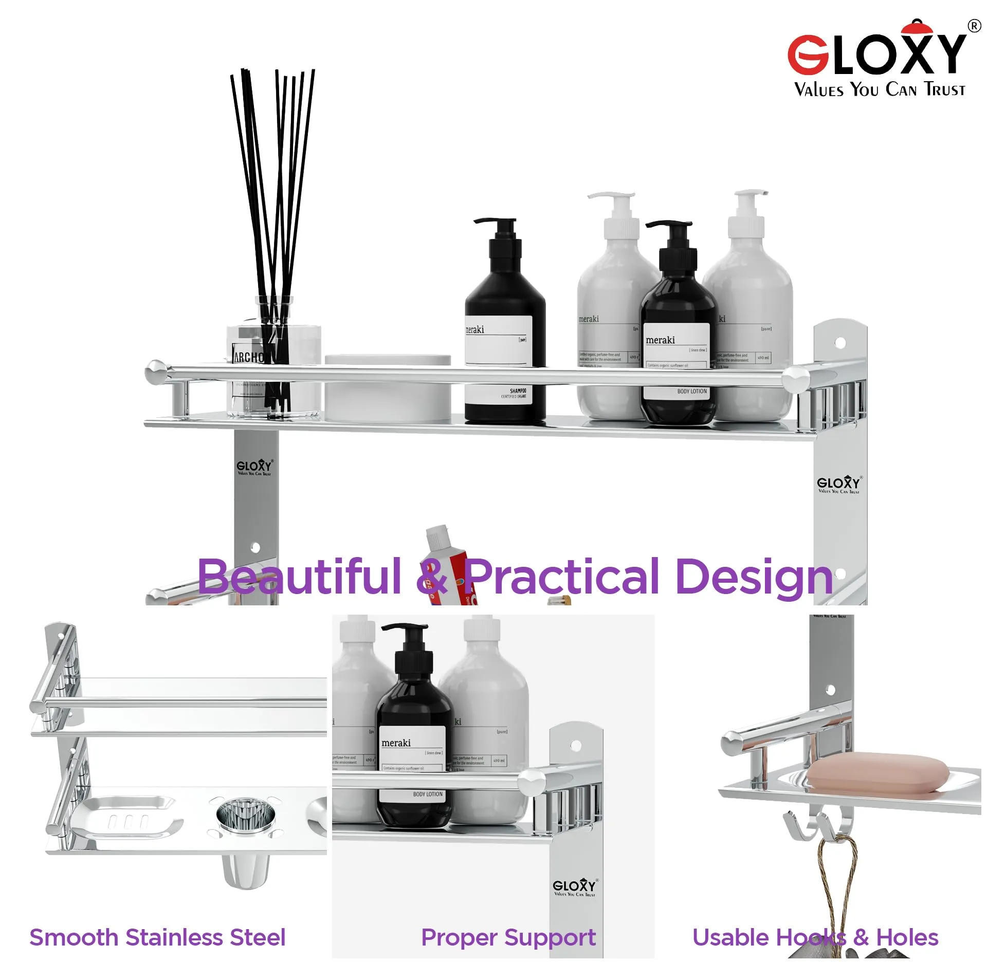 GLOXY 4 in 1 Multipurpose Stainless Steel Bathroom Shelf | Soap Holder with Toothbrush Holder | Towel Rack for Bathroom Accessories and Fittings (15 x 5 Inches)